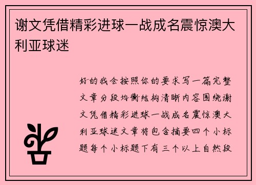 谢文凭借精彩进球一战成名震惊澳大利亚球迷